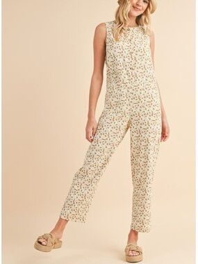 Wishlist Tan Neutral Sleeveless Floral Jumpsuit Women’s Size Medium